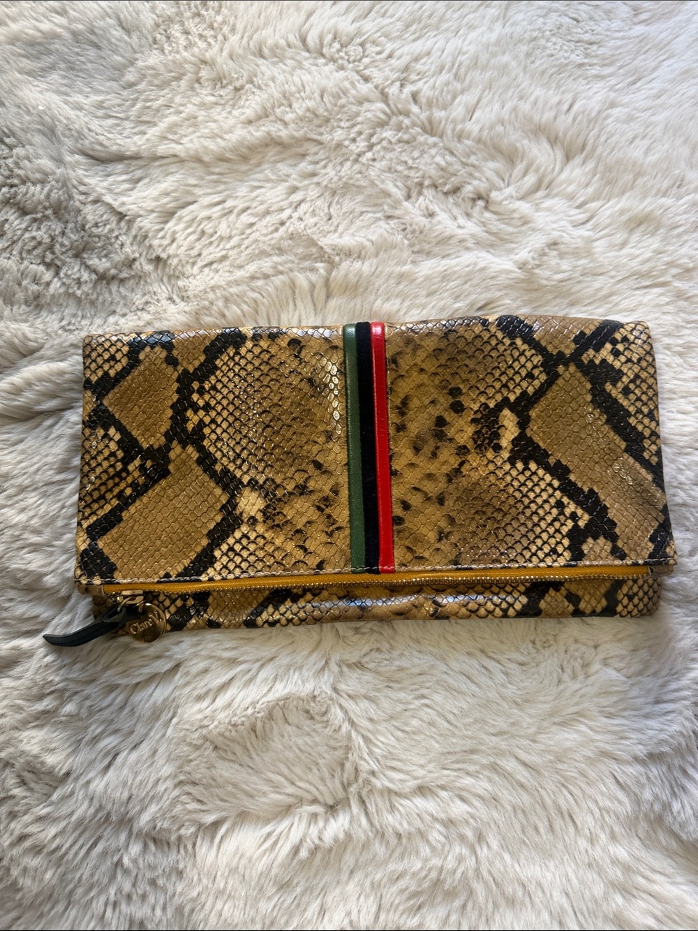 Snake-Print Foldover Clutch Wristlet with Green and Red Stripe